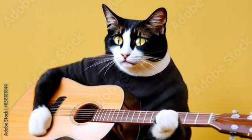 funny cat playing guitar isolated on yellow background