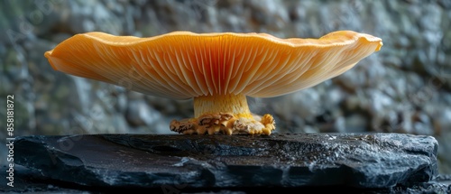 A mushroom, half revealed, stands out vividly against a dark backdrop, emphasizing its unique structure and the contrast of light and shadow. photo