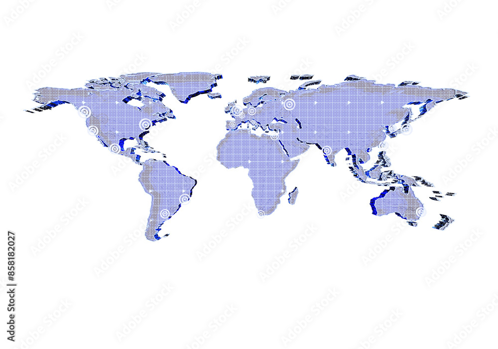 Fototapeta premium A digitized world map with grid lines and icons, graphic style, on a white background, concept of global connectivity. 3D Rendering
