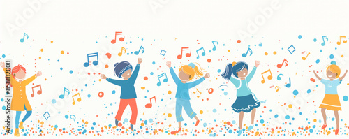 Colorful illustration of dancing happy children and notes flying around them.