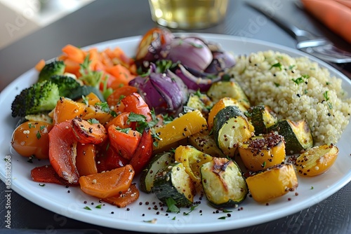 A beautifully arranged plate of roasted vegetables with a side of quinoa photo