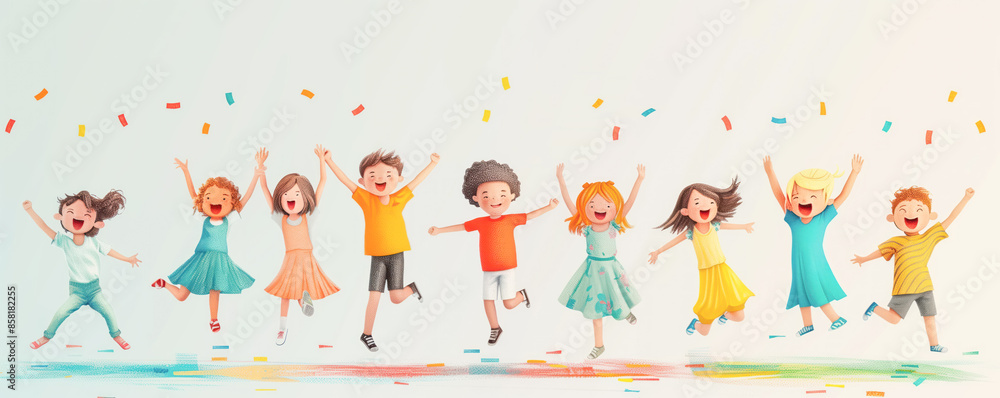 Fototapeta premium Colorful illustration of dancing happy children. Banner and background concept.