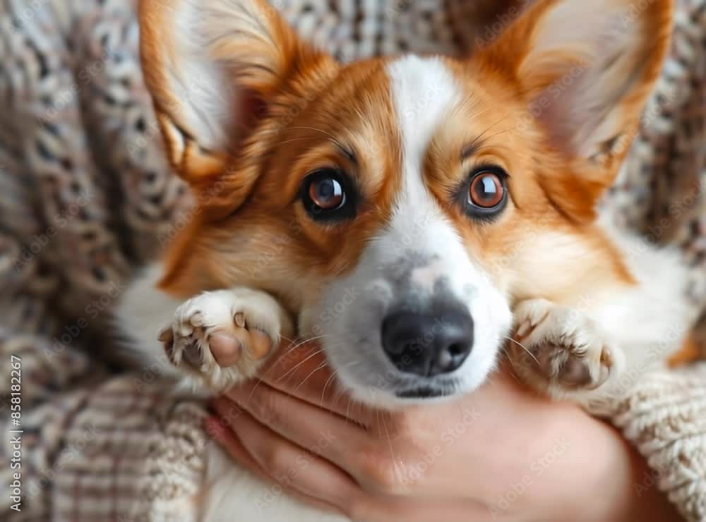 portrait corgi breed dog playing with young woman in her hands portrait corgi breed dog playing with young woman in her hands