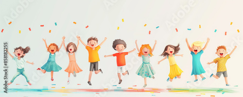 Colorful illustration of dancing happy children. Banner and background concept.