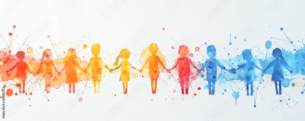 Group of children standing with rising hands. Childish drawing. Background and banner concept. Group of children standing with rising hands. Childish drawing. Background and banner concept.