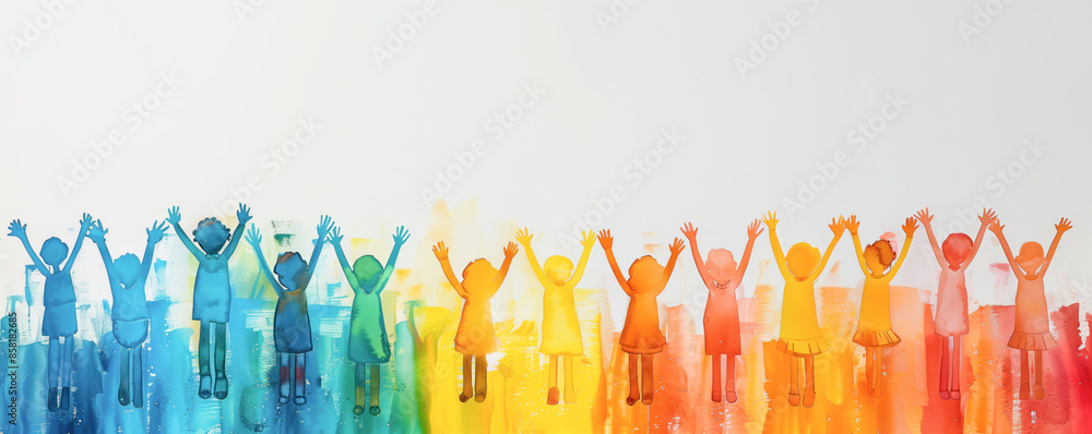 Happy children standing with raising hands in the air. Concept of happy and friendship. Happy children standing with raising hands in the air. Concept of happy and friendship.
