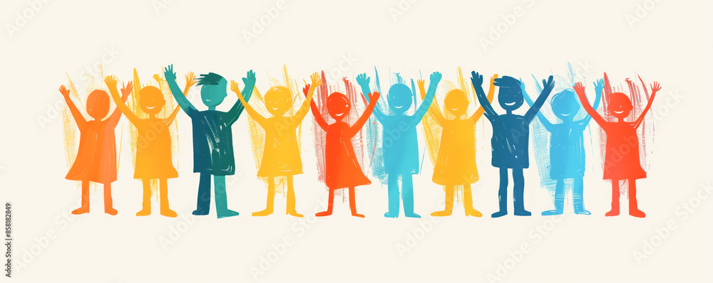 Happy children standing with raising hands in the air. Concept of happy and friendship. Happy children standing with raising hands in the air. Concept of happy and friendship.