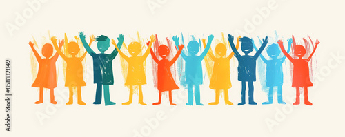 Happy children standing with raising hands in the air. Concept of happy and friendship.