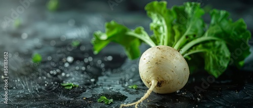 A single fresh turnip is placed against a textured black background, highlighting its earthy tones and natural beauty in a simple yet striking presentation.