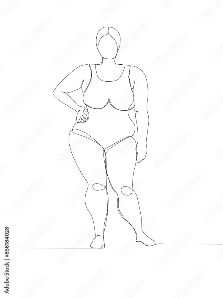 fat girl in a one-piece swimsuit one line art. Continuous line drawing of body positive, overweight, plus size model, XL, health, fashion, self acceptance. fat girl in a one-piece swimsuit one line art. Continuous line drawing of body positive, overweight, plus size model, XL, health, fashion, self acceptance.
