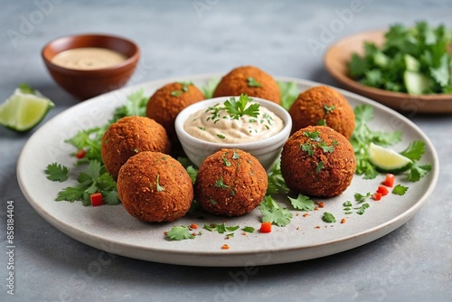 Middle Eastern Cuisine Falafel: an overhead view of a minimalist Falafel presentation.