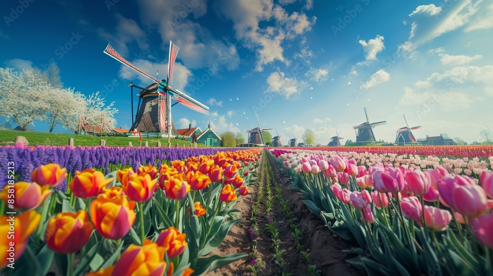 Beautiful colorful tulip field and traditional windmill in country side. Beautiful colorful tulip field and traditional windmill in country side.