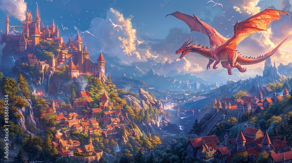 An enchanting, fantasy illustration of a dragon flying over a medieval ...