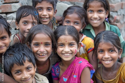 Group of happy Indian children smiling and looking at the camera in India © Iigo