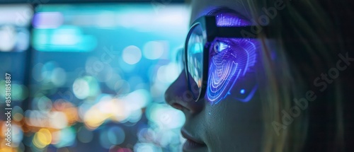 Glasses reflect a computer screen  highlighting the integration of technology and digital data in modern business environments.