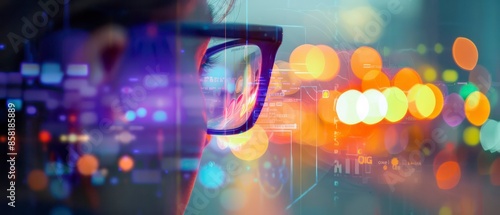 Glasses reflect a computer screen  highlighting the integration of technology and digital data in modern business environments.