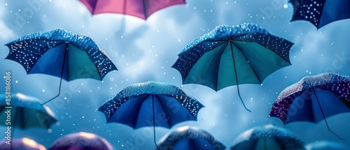 Colorful umbrellas offer protection from both rain and sun, featuring diverse designs and hues like blue and orange, ideal for brightening any weather. photo