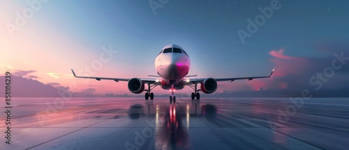 The jet aircraft on the runway, preparing for takeoff amidst a bustling airport, illustrating the dynamic nature of air travel and global connectivity. photo