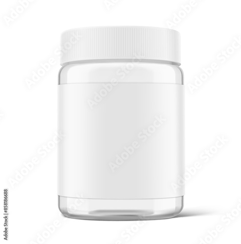 Clear wide mouth glass jar with label mockup for food. High realistic. Vector illustration isolated on white background. Ready for use in presentation, promo, advertising and more. EPS10.