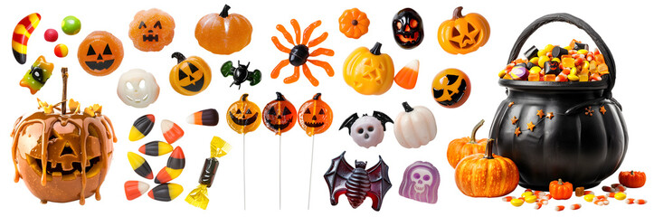 Set of witch black cauldron and individual Halloween sweet candy chocolate gummy lollipop toffee apple on transparent cutout. PNG file. Many different design. Mockup template for artwork design