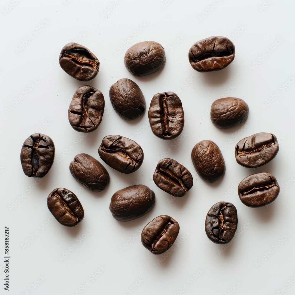 This is a macro photograph of roasted coffee beans scattered on a white background, showcasing the detailed texture and rich brown color of the beans. This is a macro photograph of roasted coffee beans scattered on a white background, showcasing the detailed texture and rich brown color of the beans.