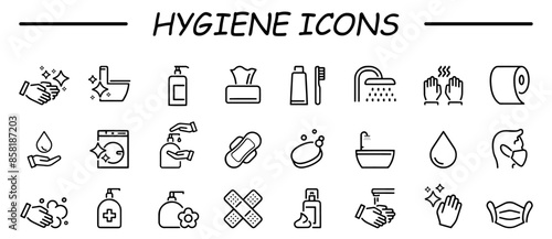 Set of icons related to hygiene. Linear icon collection. Vector illustration. Containing cleaning, disinfection, soap, bathing, sweep, shower, washing hands, clean and sanitation. Cleanliness concept