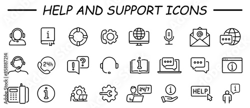 Simple set of help and support related vector line icons. Contains such icons as phone assistant, online help, video chat and more.