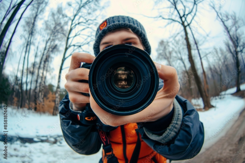 Obraz premium As the enthusiastic photographer meticulously adjusts his camera, the fish eye lens provides a close-up that showcases his intense concentration and the distorted background