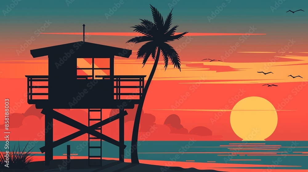 Fototapeta premium Vector illustration of beautiful scenic landscape of tropical sea beach with safeguard watch tower and surfer carrying surfboard.