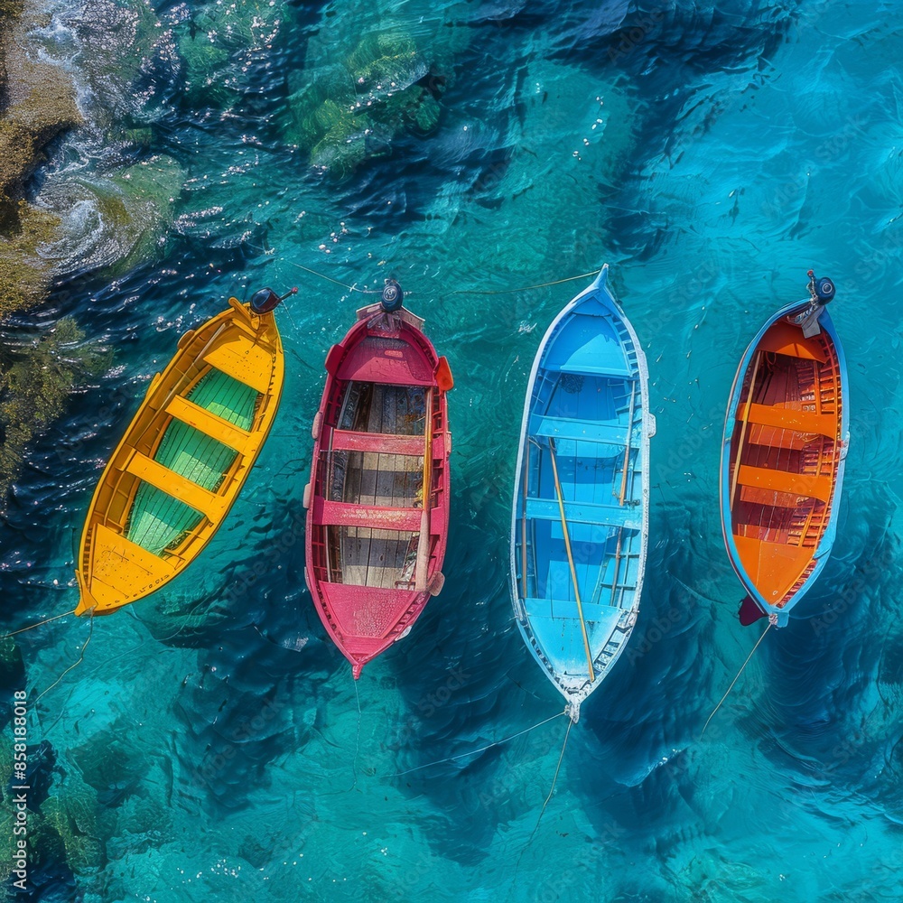 Top View of Colorful Boats on the Sea with Light Blue Water, White Waves, and Bright Hues Top View of Colorful Boats on the Sea with Light Blue Water, White Waves, and Bright Hues