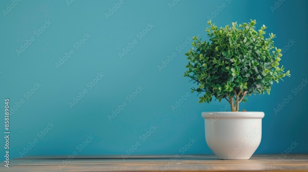 custom made wallpaper toronto digitalFake green tree in white pot on wooden desk with blue background and copy space representing simplicity concept