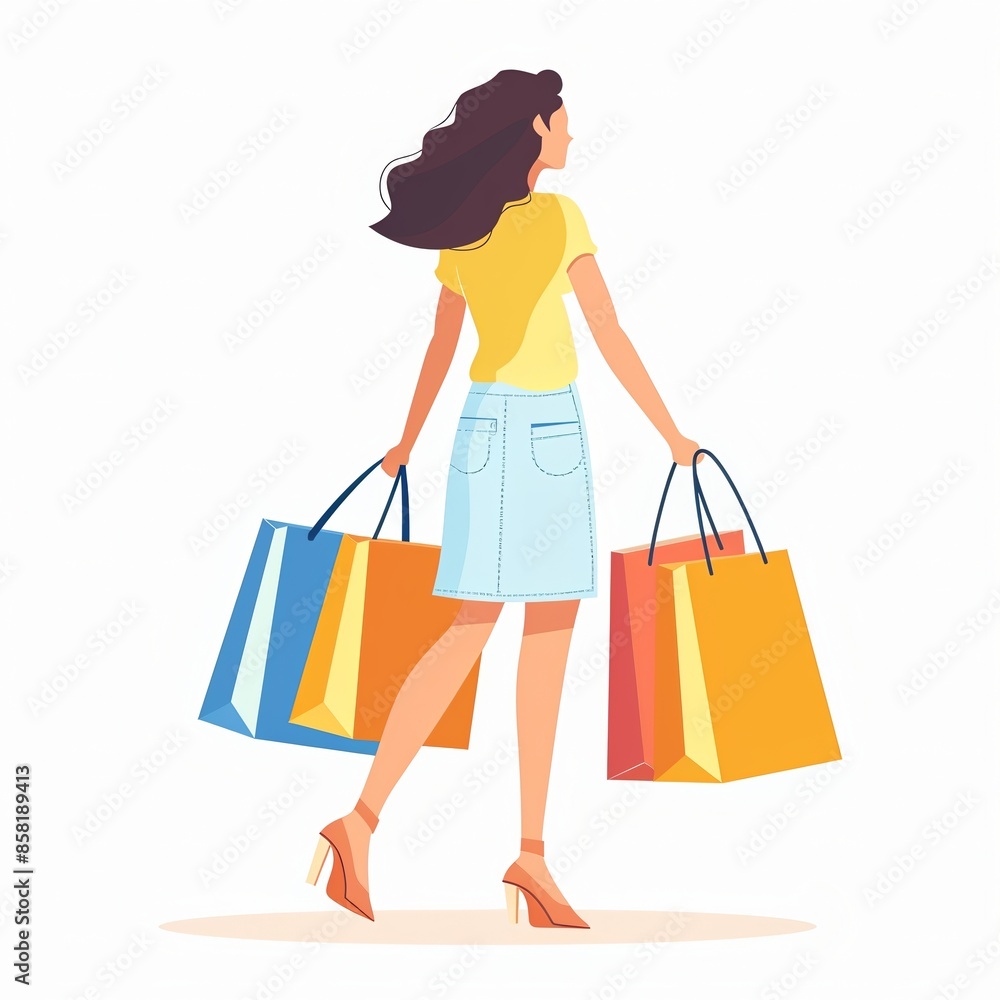 Flat vector illustration of beautiful woman shopping with shopping bag Flat vector illustration of beautiful woman shopping with shopping bag