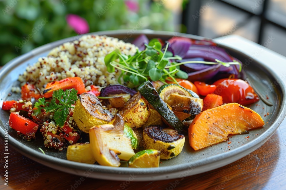 A beautifully arranged plate of roasted vegetables with a side of quinoa A beautifully arranged plate of roasted vegetables with a side of quinoa