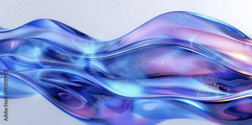 Fluid Blue Holographic Liquid Wave Background, 3D Render, Iridescent Gradient, Shiny Blue Glass Design, Abstract Banner Minimalistic and Modern Art