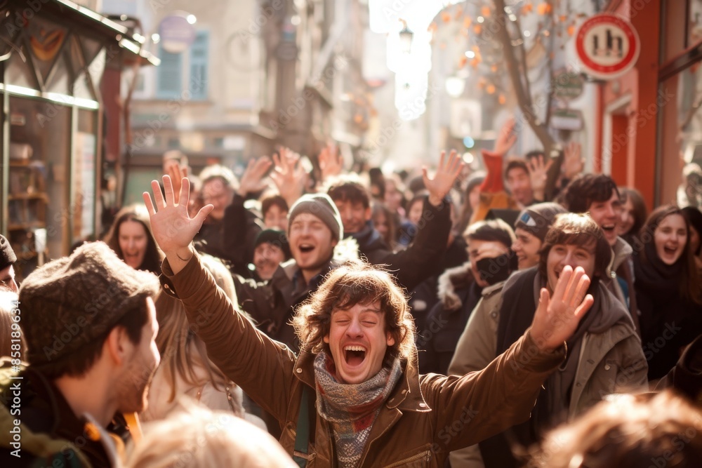 Crowds of people with raised hands celebrate the new year. Crowds of people with raised hands celebrate the new year.