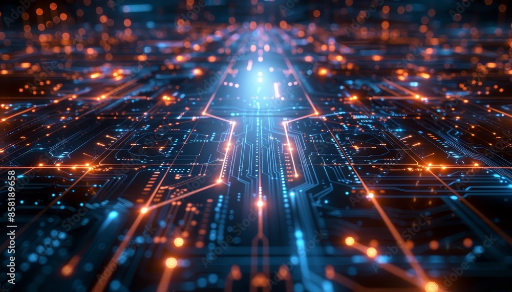 Futuristic blueprint of a digital network with glowing lines and nodes for connections and data exchange. Futuristic blueprint of a digital network with glowing lines and nodes for connections and data exchange.