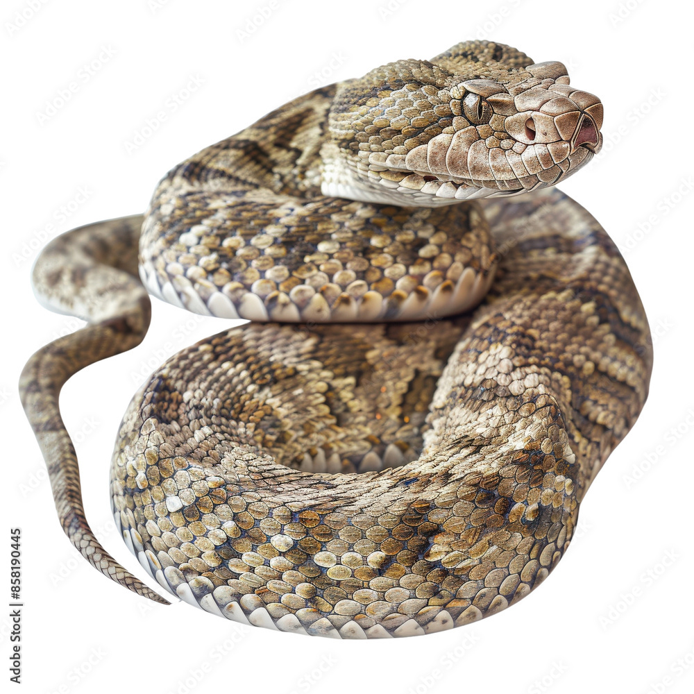 Coiled rattlesnake with intricate scales, ready to strike, isolated on white background. Perfect for wildlife and nature themes. Coiled rattlesnake with intricate scales, ready to strike, isolated on white background. Perfect for wildlife and nature themes.