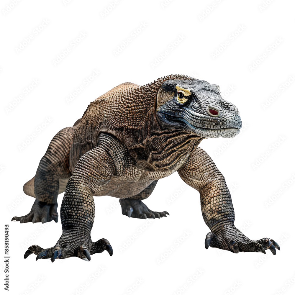 Obraz premium Close-up of a Komodo dragon in a studio setting showcasing its textured skin and powerful stance.