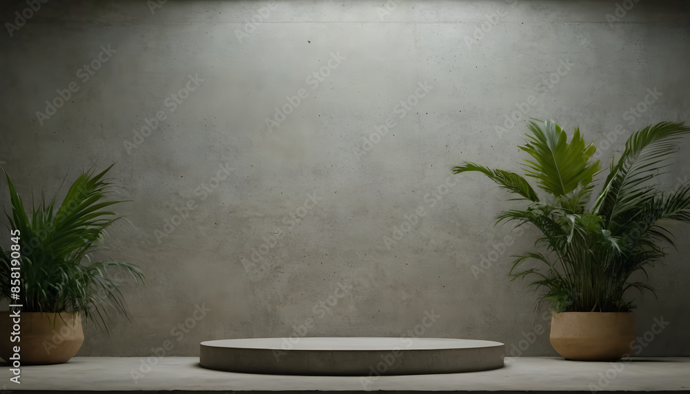 CONCRETE STONE PODIUM WITH TROPICAL FOLIAGE CONCRETE STONE PODIUM WITH TROPICAL FOLIAGE