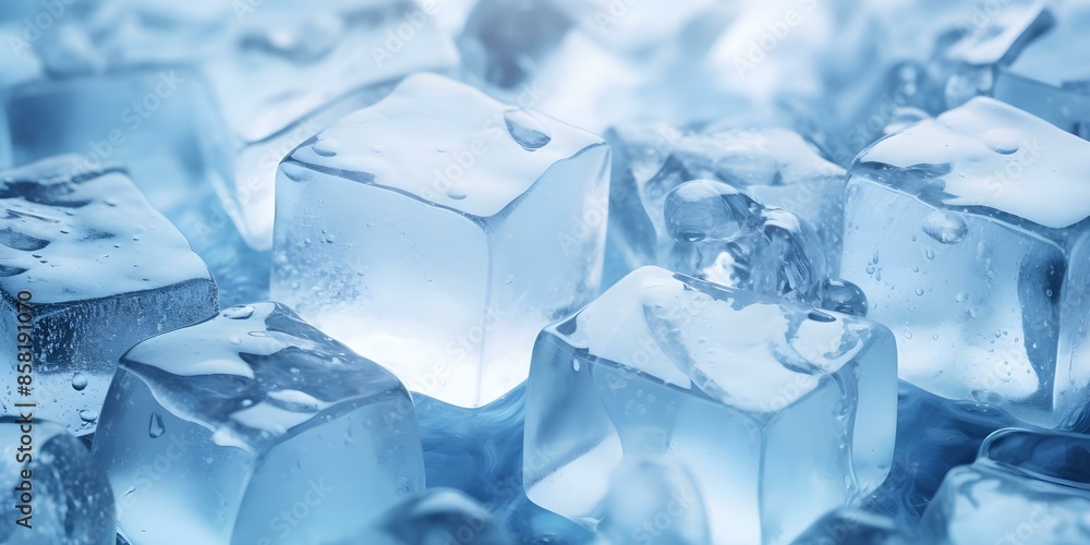 Obraz premium Closeup of ice cubes with water droplets blurred bokeh background. Concept Closeup Photography, Macro Shots, Ice Cubes, Water Droplets, Bokeh Background