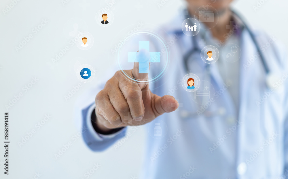 Obraz premium Doctor hold healthcare and medical cross symbol health services and technologies feelings of trust, patient care services, health services, hospital, medical health and life insurance business.