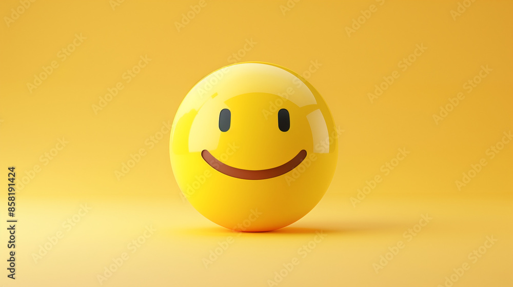Fototapeta premium Happy yellow smile emoji isolated on yellow background with copyspace for text. An illustration of a happy smiling emoji emoticon character, smiling face emoji or emoticon icon with happy eyes vector.