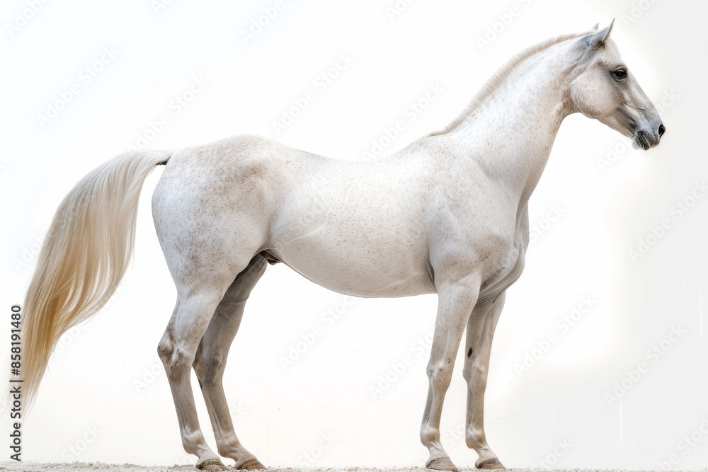 Obraz premium the beside view Arabian Horse standing, left side view, white copy space on right isolated on white background