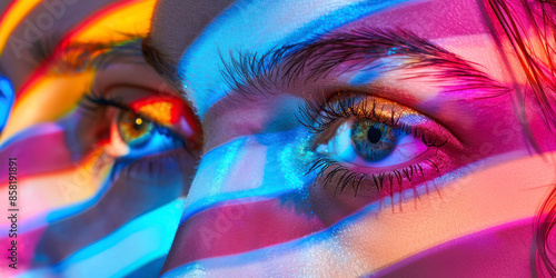 Collage of close-up male and female eyes isolated on colored neon backgorund. Multicolored stripes.