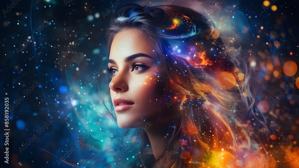 Abstract portrait of a beautiful woman, double exposure, colorful digital paint. Generative AI Abstract portrait of a beautiful woman, double exposure, colorful digital paint. Generative AI