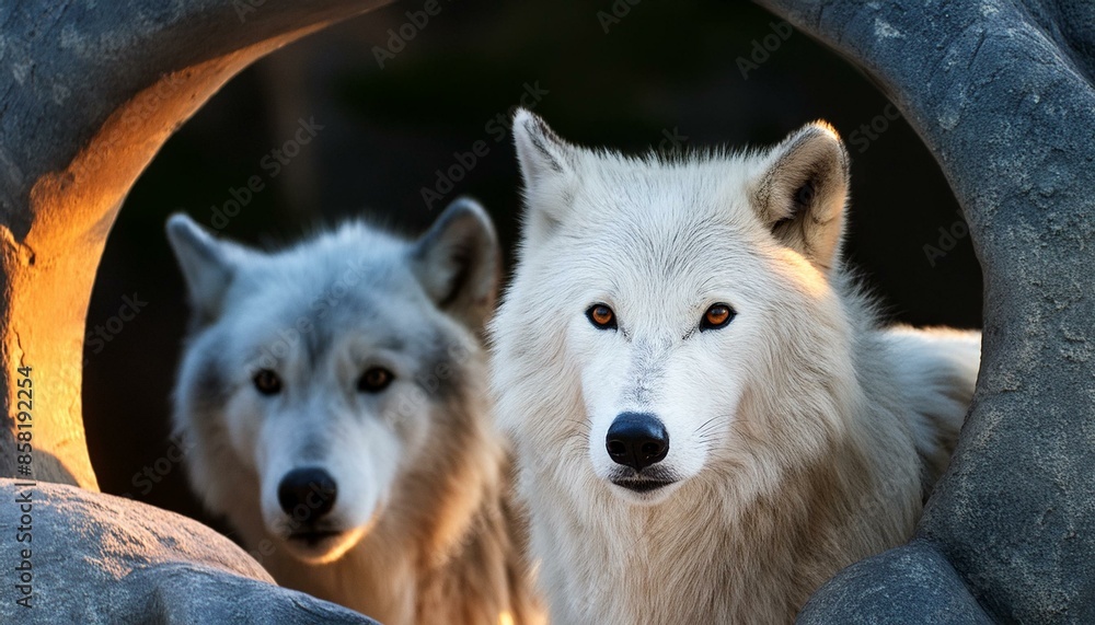 Obraz premium Arctic wolves live in Greenland, Alaska, Iceland, and Canada. But, these wolves live in caves and not dens like other types of wolves. Their short noses and small ears help to maintain their body heat