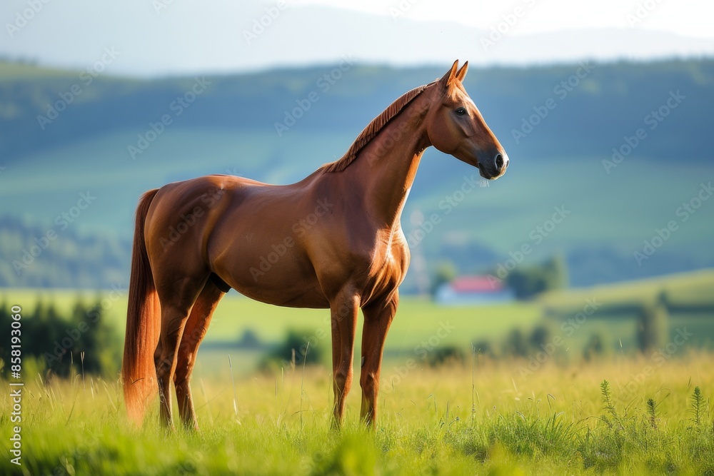 Fototapeta premium View from side body of a Quarter Horse standing on grass, Awe-inspiring, Full body shot ::2 Side Angle View