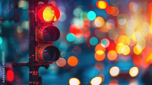 Abstract view of a traffic light against a blurred cityscape background, capturing urban dynamics.