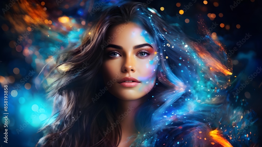 Fantasy abstract portrait of girl with digital paint splash on vibrant background. Generative AI Fantasy abstract portrait of girl with digital paint splash on vibrant background. Generative AI