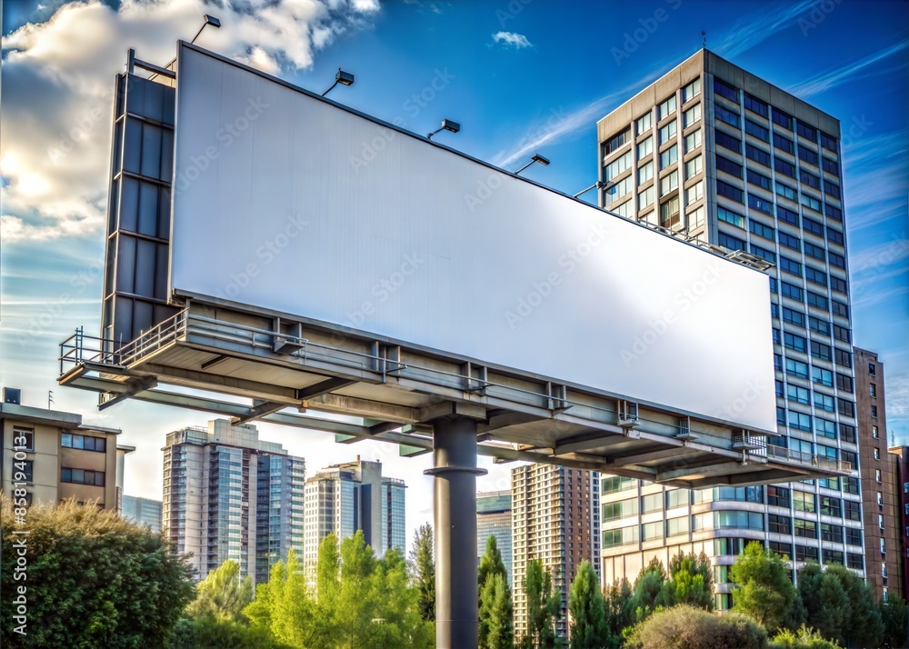Horizontal billboard 6x3 meters in an urban environment. Three-quarter view from below. Horizontal billboard 6x3 meters in an urban environment. Three-quarter view from below.